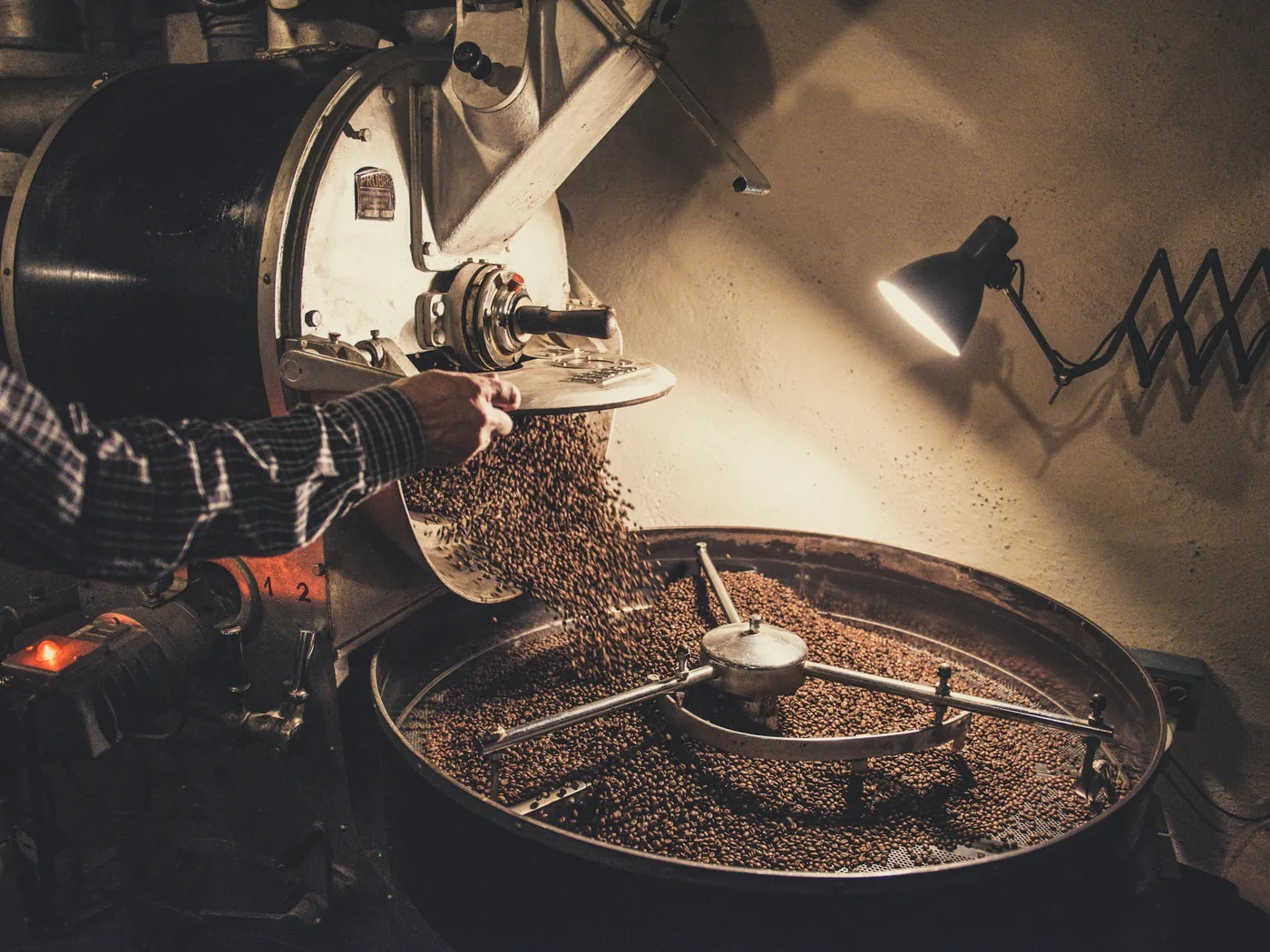 Coffee beans tumbling in a drum roaster under a work lamp inside a roastery.